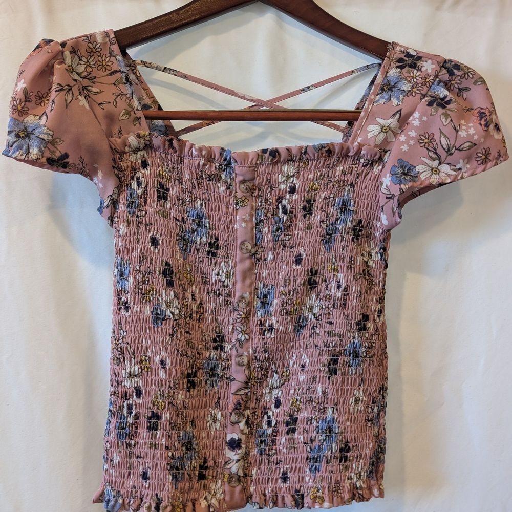 Mauve Floral Smocked Crop Top puff sleeves‎ cottagecore boho floral Y2k